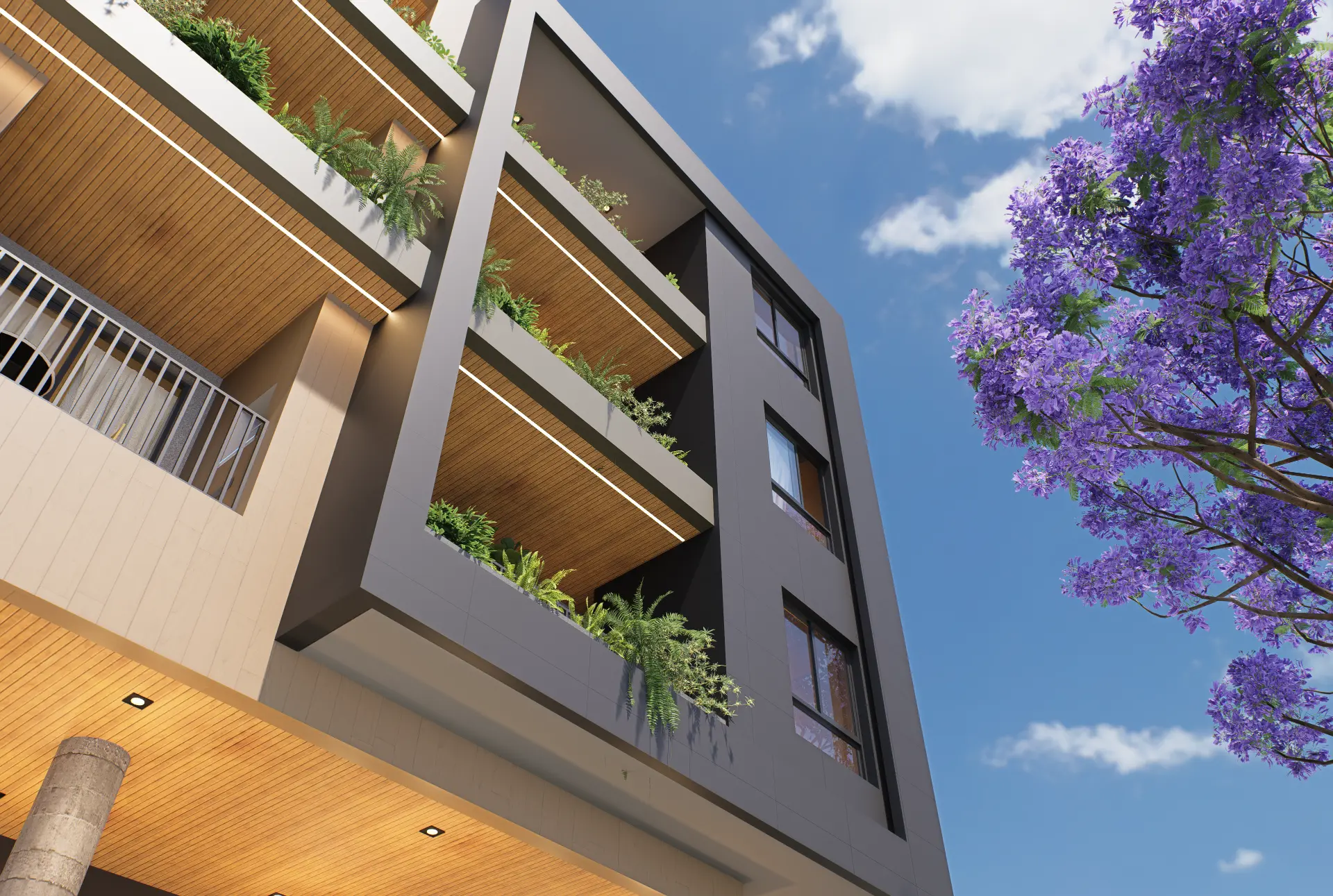 Detalhe das varandas com jardineiras